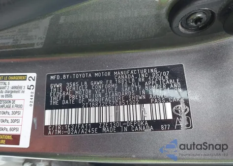 2007 Toyota Corolla Ce из США, поврежденный, VIN 2T1BR32E57C851302